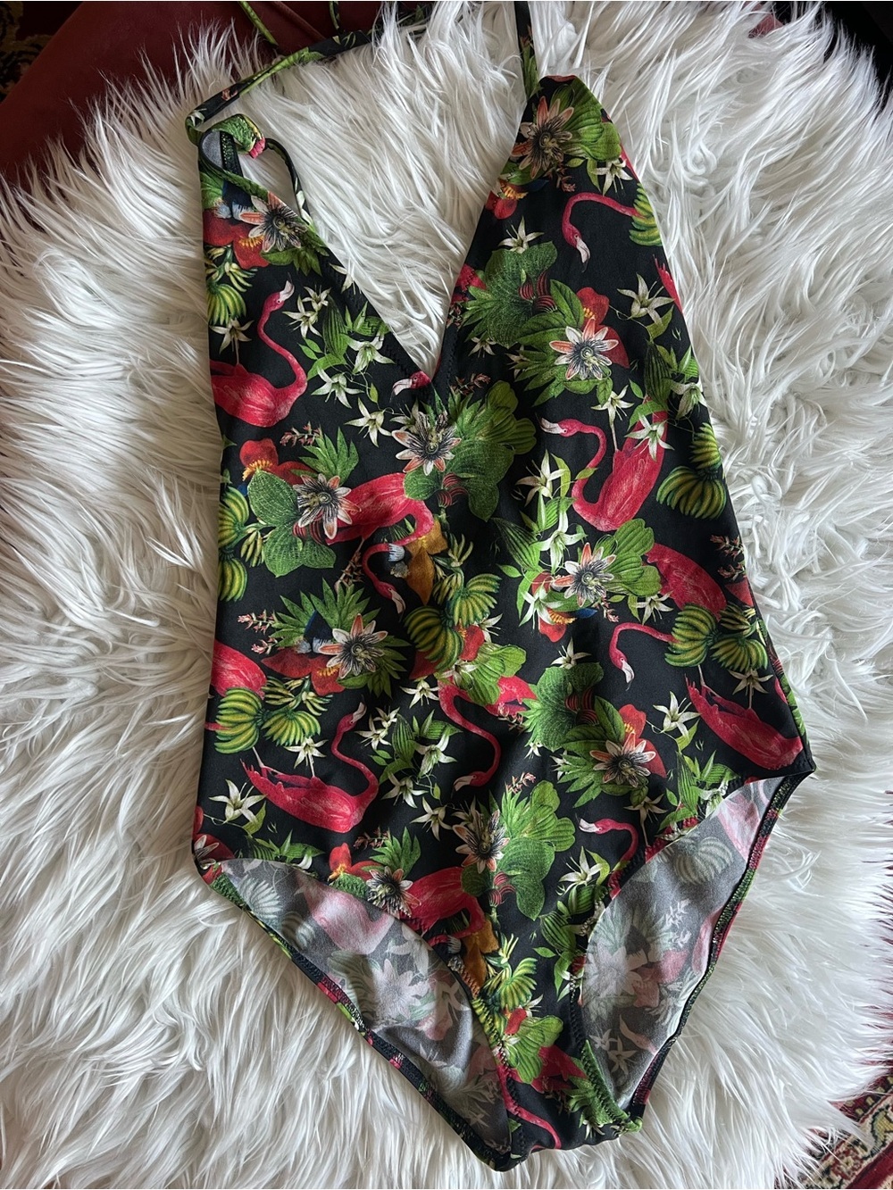 Tropical Flamingo One Piece Swimsuit Black Floral Jungle Print Tie Back M - Picture 2 of 7